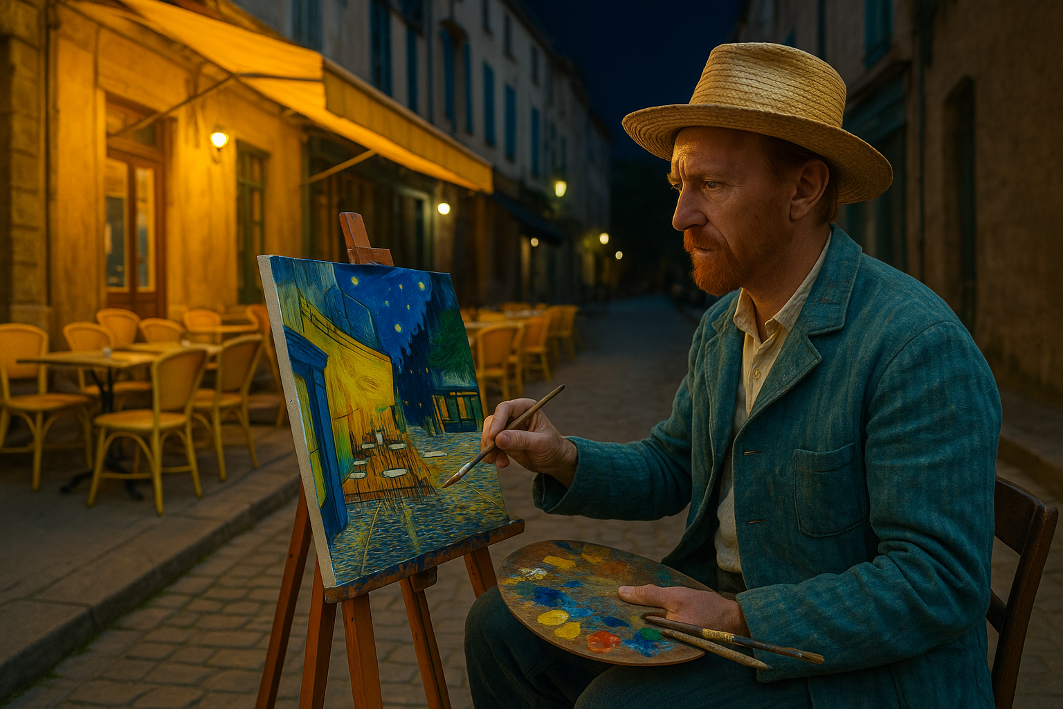 Van Gogh à Arles qui peint terrasse cafe de nuit