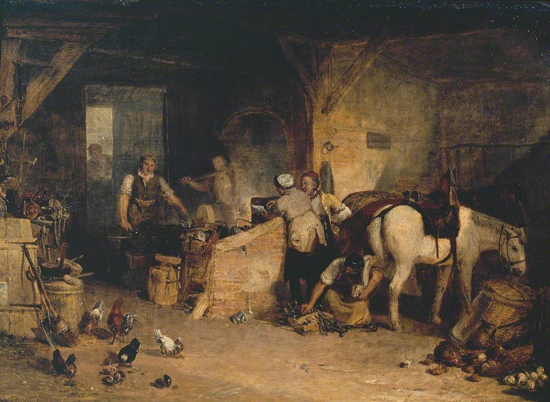 Reproduction du tableau « A Country Blacksmith Disputing upon the Price of Iron, and the Price Charged to the Butcher for Shoeing his Poney - J. M. W. Turner » par Alpha Reproduction en peinture à l’huile