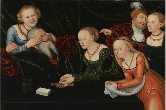 6 personnes, des filles jouant avec un vieil homme - Lucas Cranach the Elder