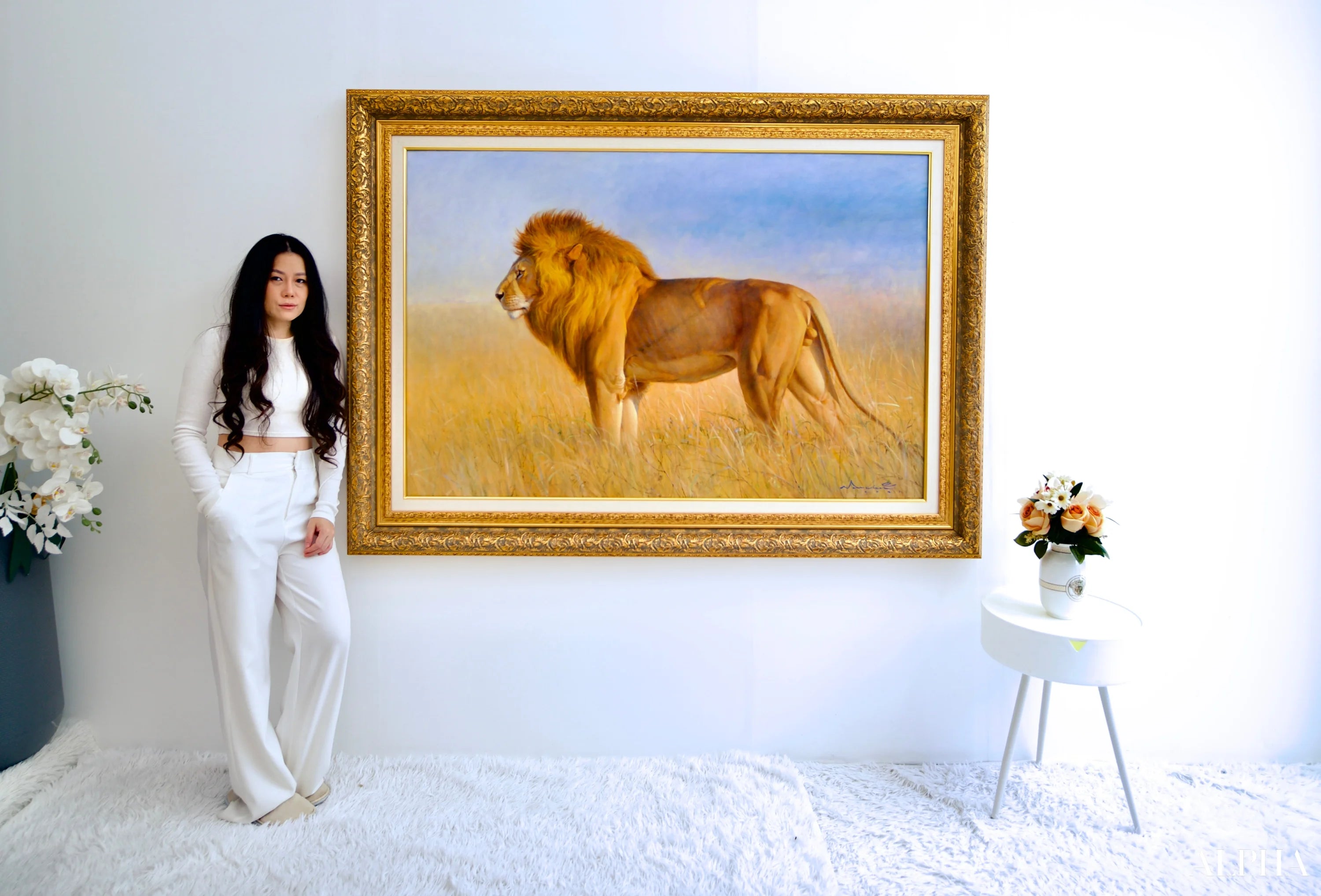 Lion dans la savane | 150 x 100 cm Reproductions de tableaux à la peinture à l’huile