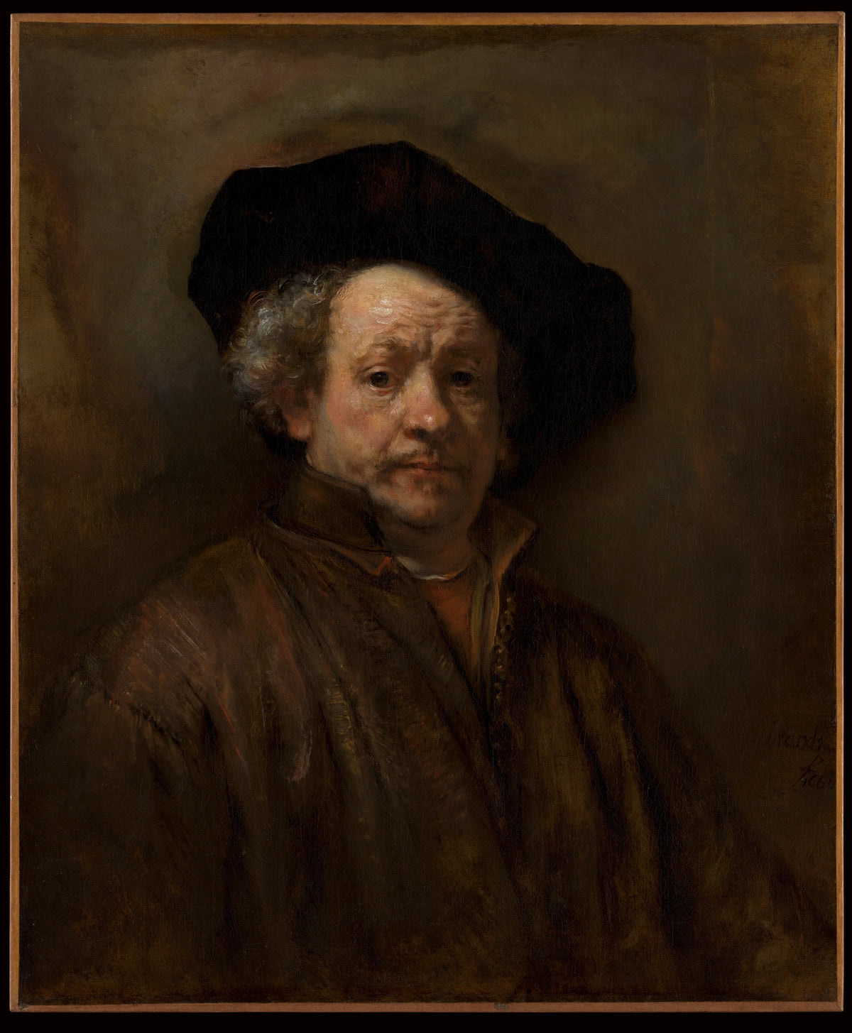 Autoportrait de Rembrandt en 1660 avec béret et manteau brun au Metropolitan Museum