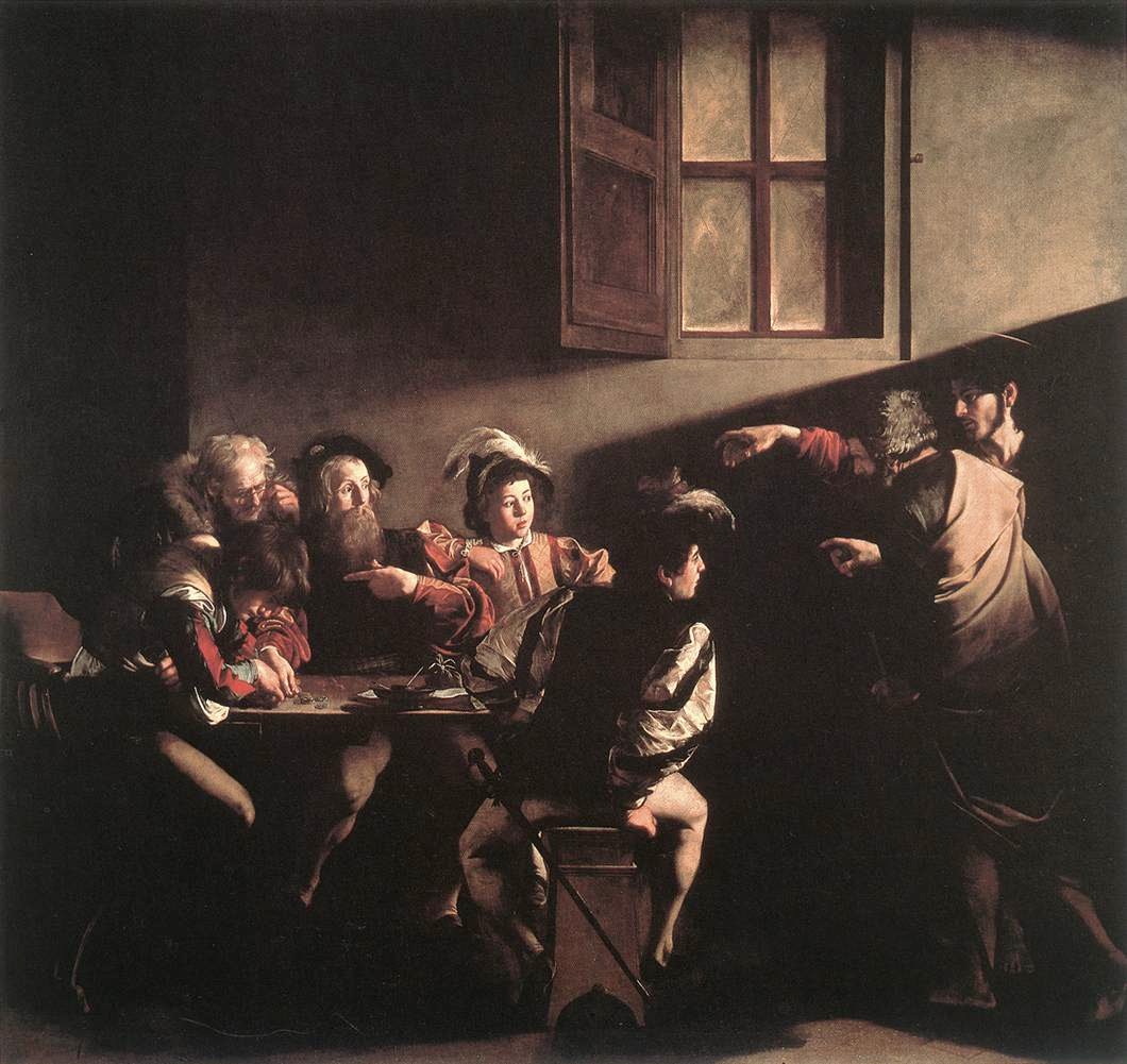 Caravage, La Vocation de saint Matthieu, faisceau de lumière traversant une salle sombre
