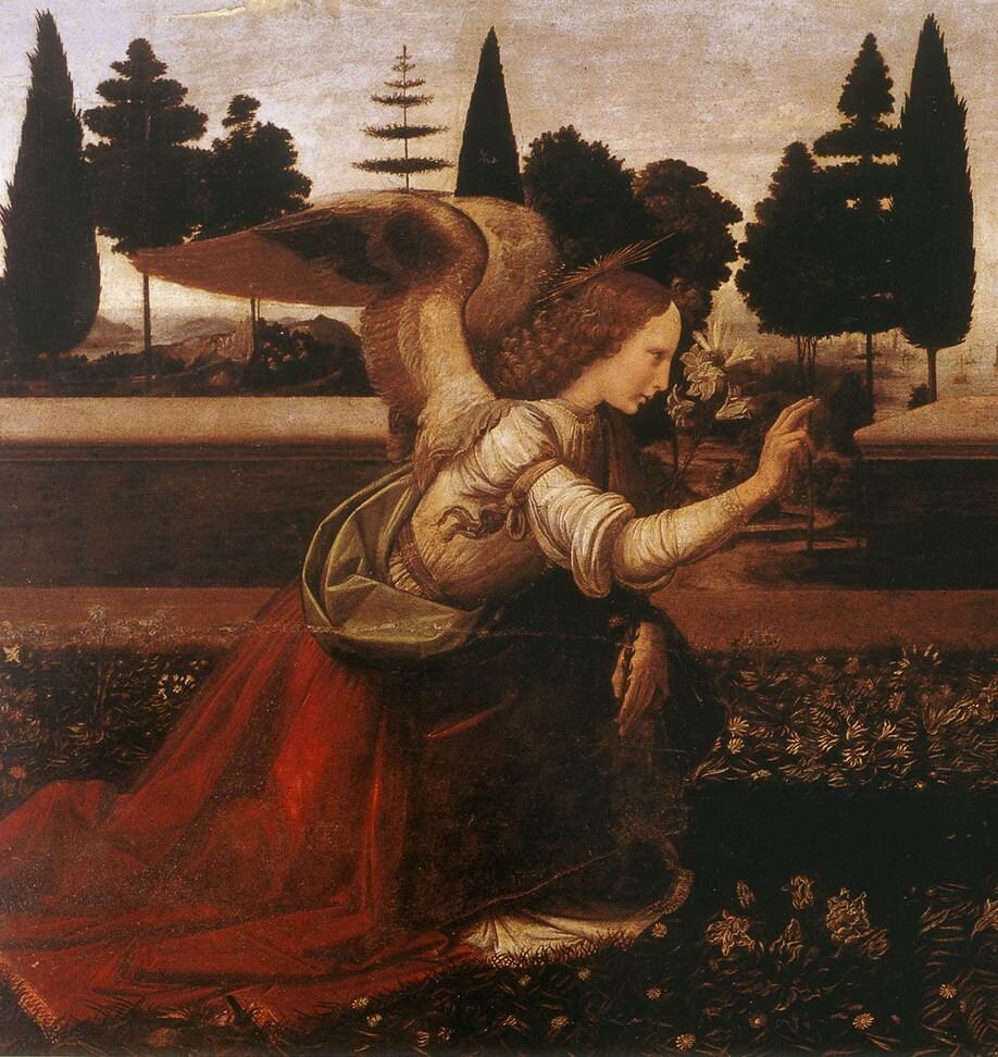 L’Annonciation de Léonard de Vinci, détail de Gabriel et du lys