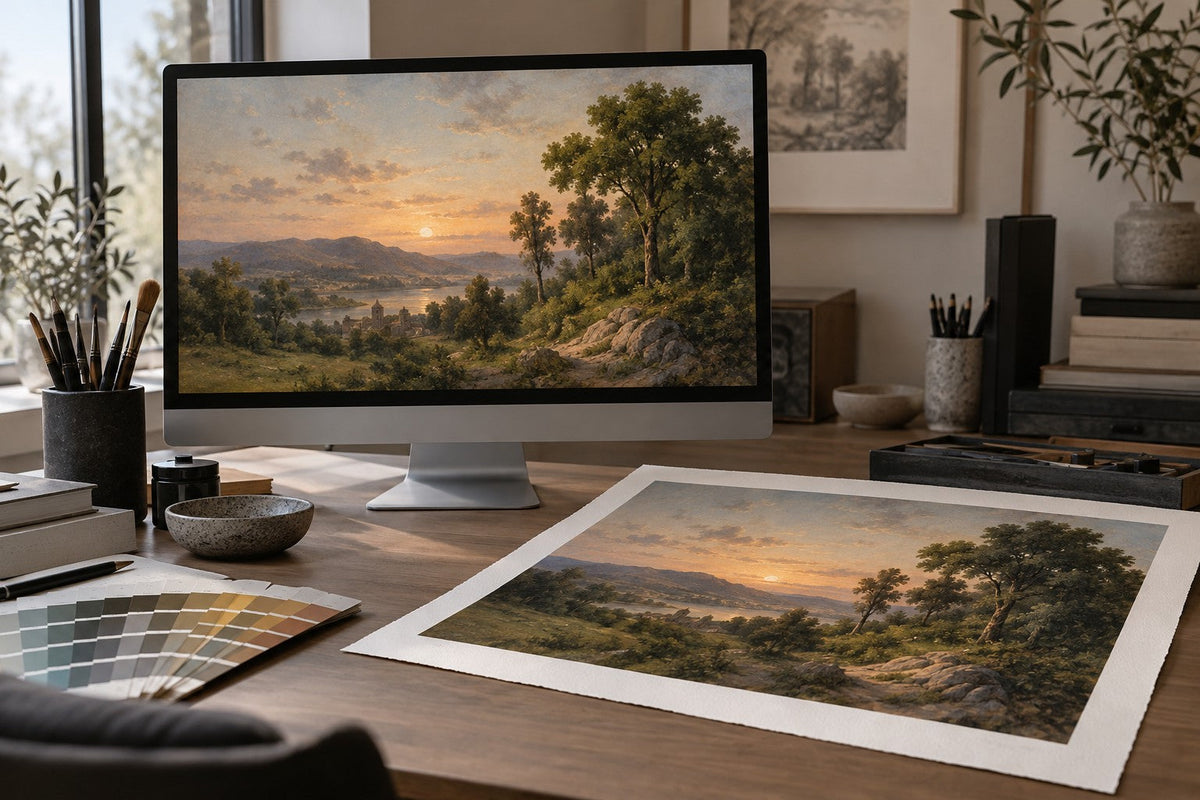 Illustration IA : comparaison conceptuelle d’un paysage à l’écran et sur papier