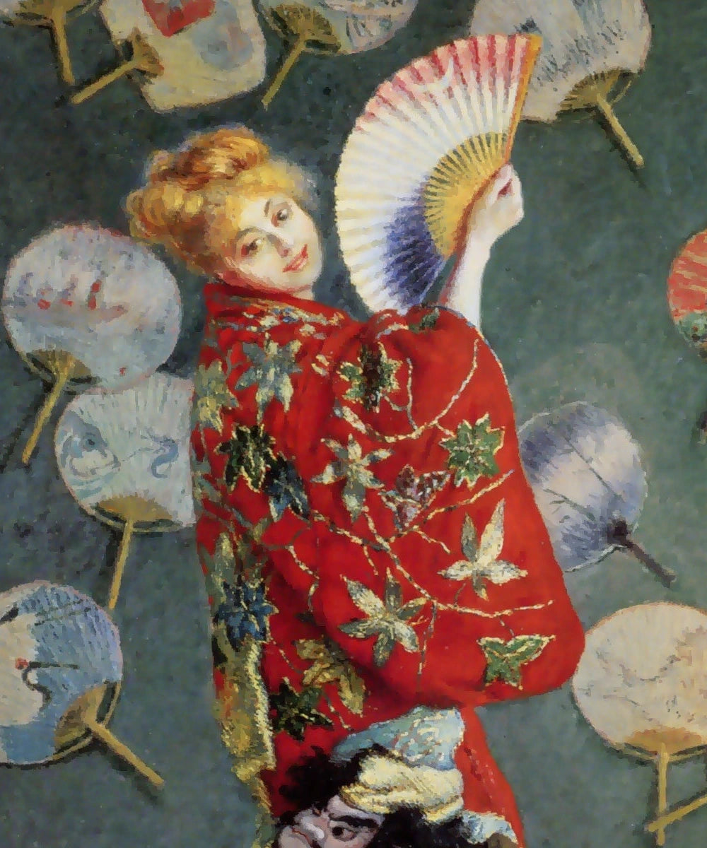 Détail du visage de Camille, de l’éventail et du kimono rouge dans La Japonaise