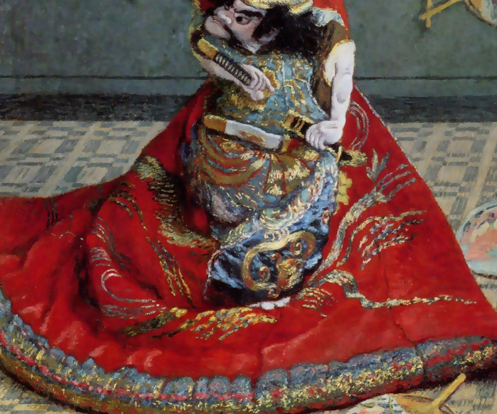 Détail du kimono brodé et du samouraï dans La Japonaise de Claude Monet