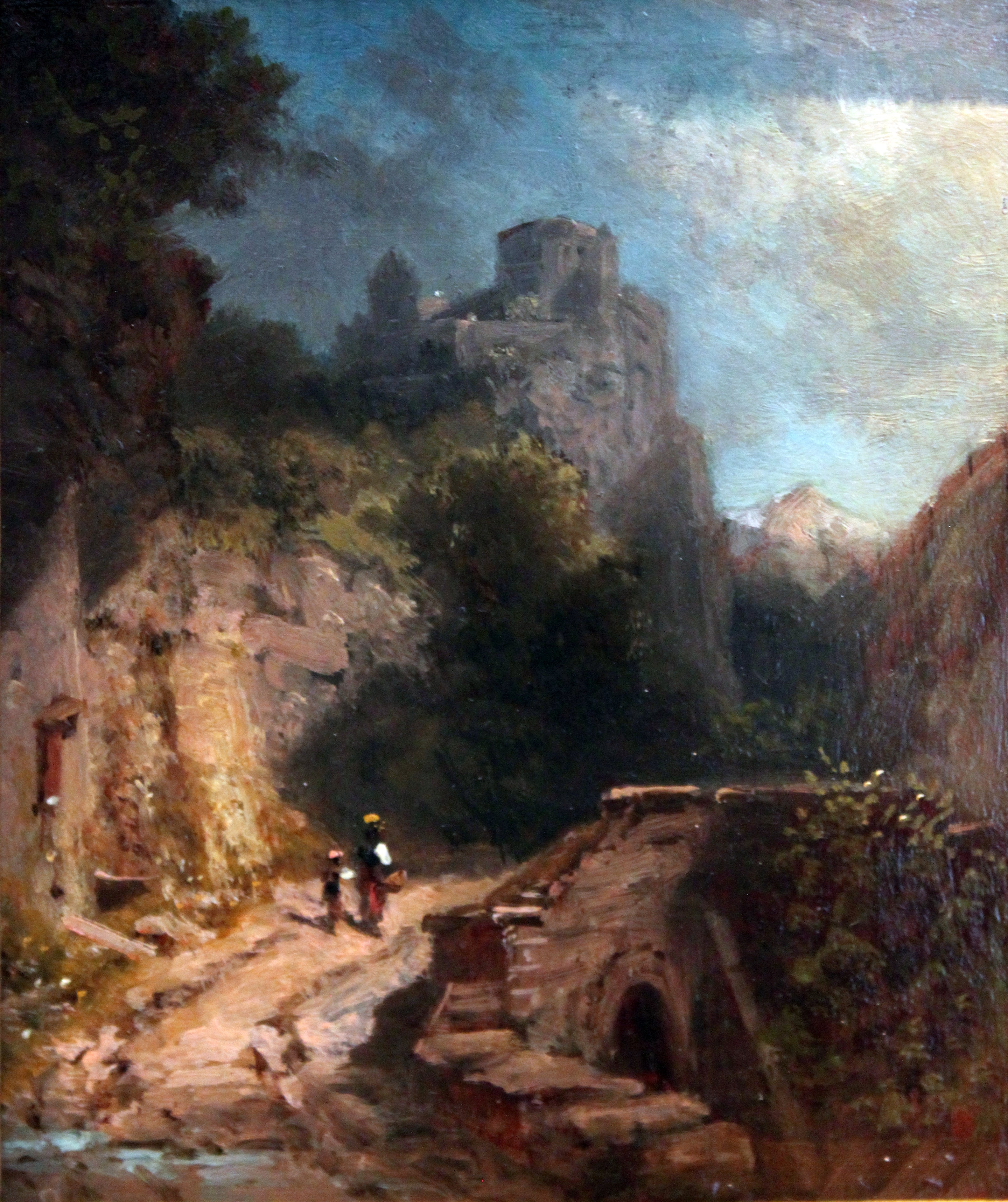 Paysage de montagne avec pont et château - Carl Spitzweg