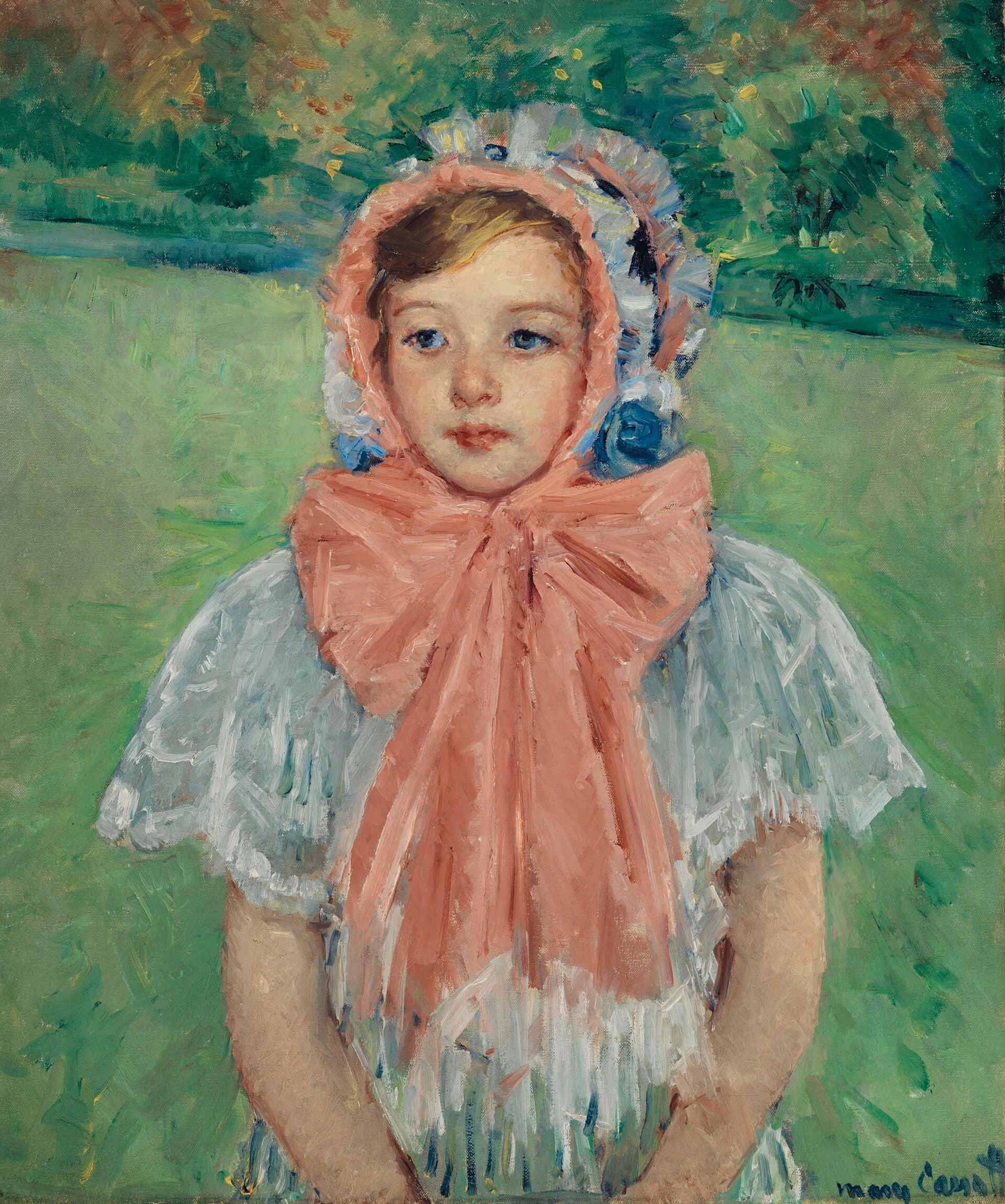 Fillette au bonnet noué d’un grand ruban rose, Mary Cassatt, 1909, huile sur toile