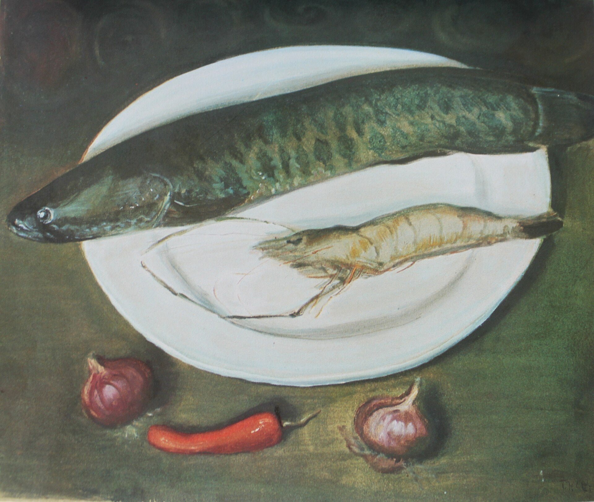 Poisson cru et crevettes, Li Tiefu, années 1930–1940, huile sur toile