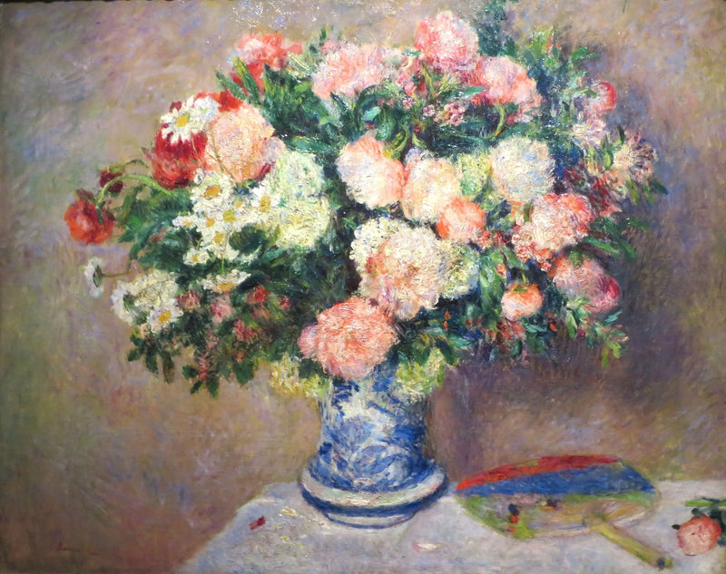 Bouquet de chrysanthèmes et un éventail japonais - Pierre-Auguste Renoir