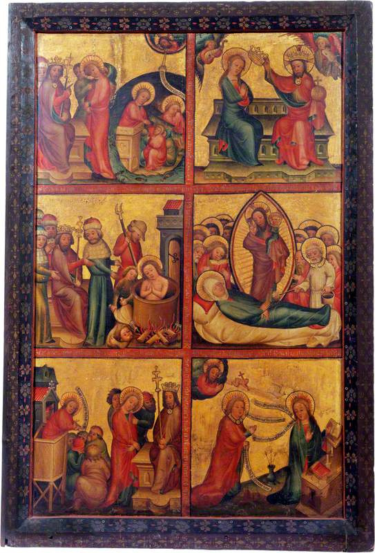 3 scènes de la vie de saint Jean l'Évangéliste ; 3 scènes de la vie de la Vierge (triptyque, volet gauche extérieur) - Master Bertram