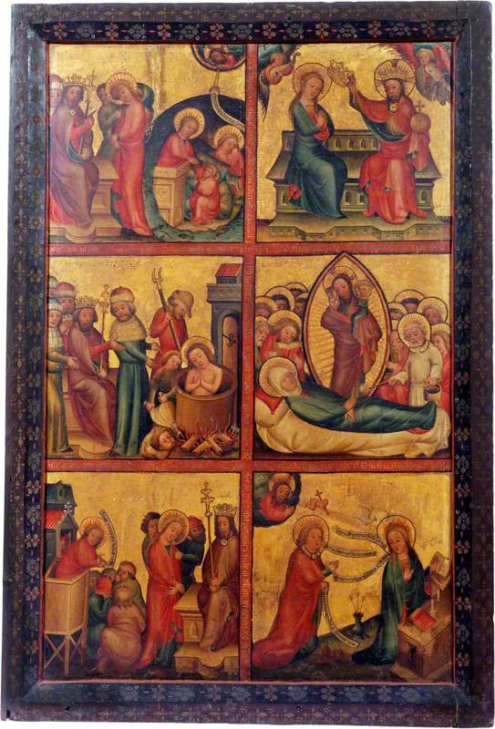 3 scènes de la vie de saint Jean l'Évangéliste ; 3 scènes de la vie de la Vierge (triptyque, volet gauche extérieur) - Master Bertram