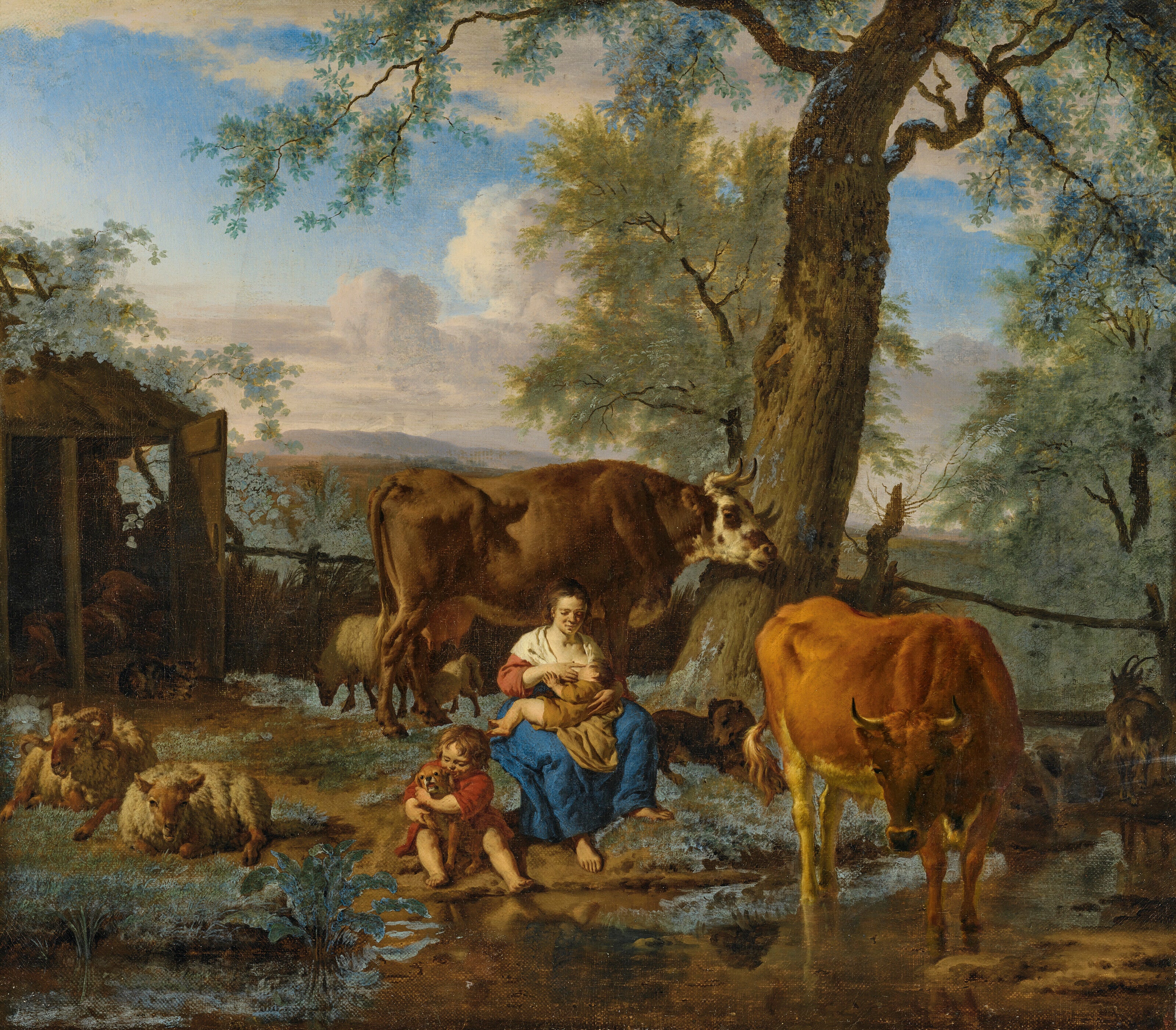 Des vaches allaitent, une femme et un enfant jouent avec un chien. - Adriaen van de Velde