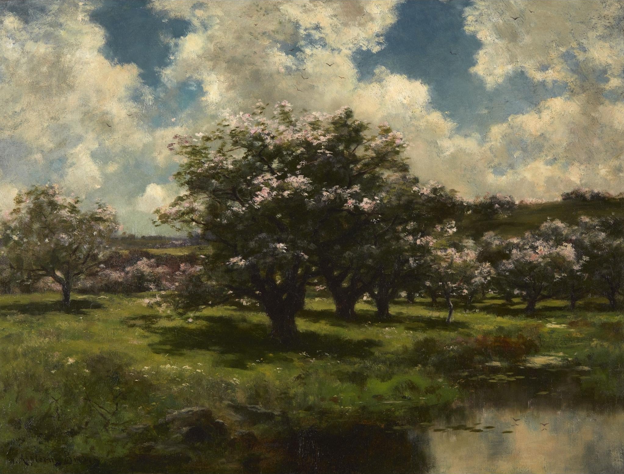 Pommiers en fleurs près d’un étang, peinture de John Appleton Brown
