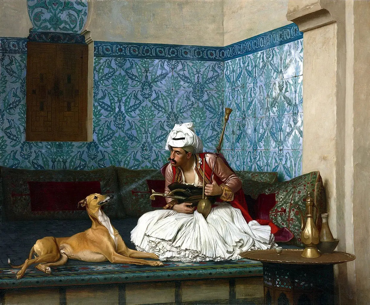 Reproduction du tableau « Arnaut souffle de la fumée sur le nez de son chien - Jean-Léon Gérôme » par Alpha Reproduction en peinture à l’huile