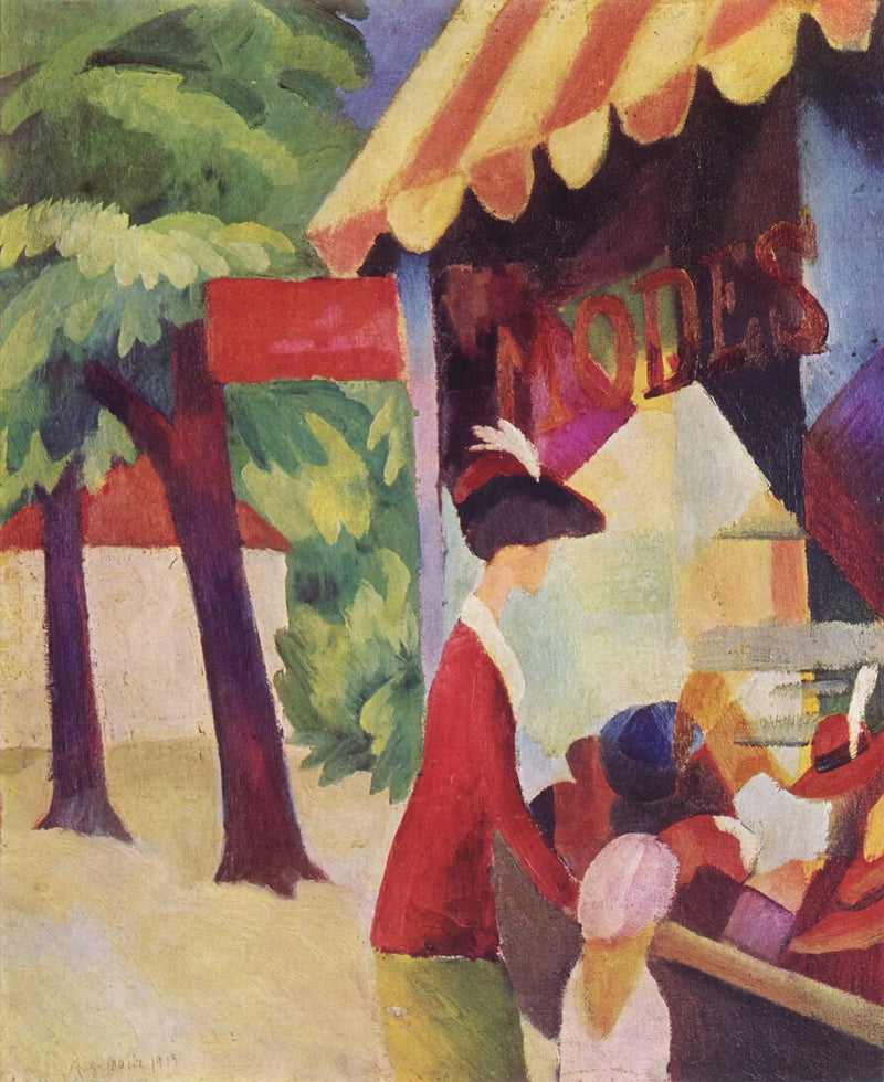 Devant la chapellerie (Femme avec une veste rouge et un enfant) - August Macke