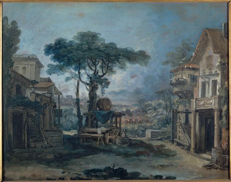 Projet pour un décor de théâtre : la place d'un village - François Boucher