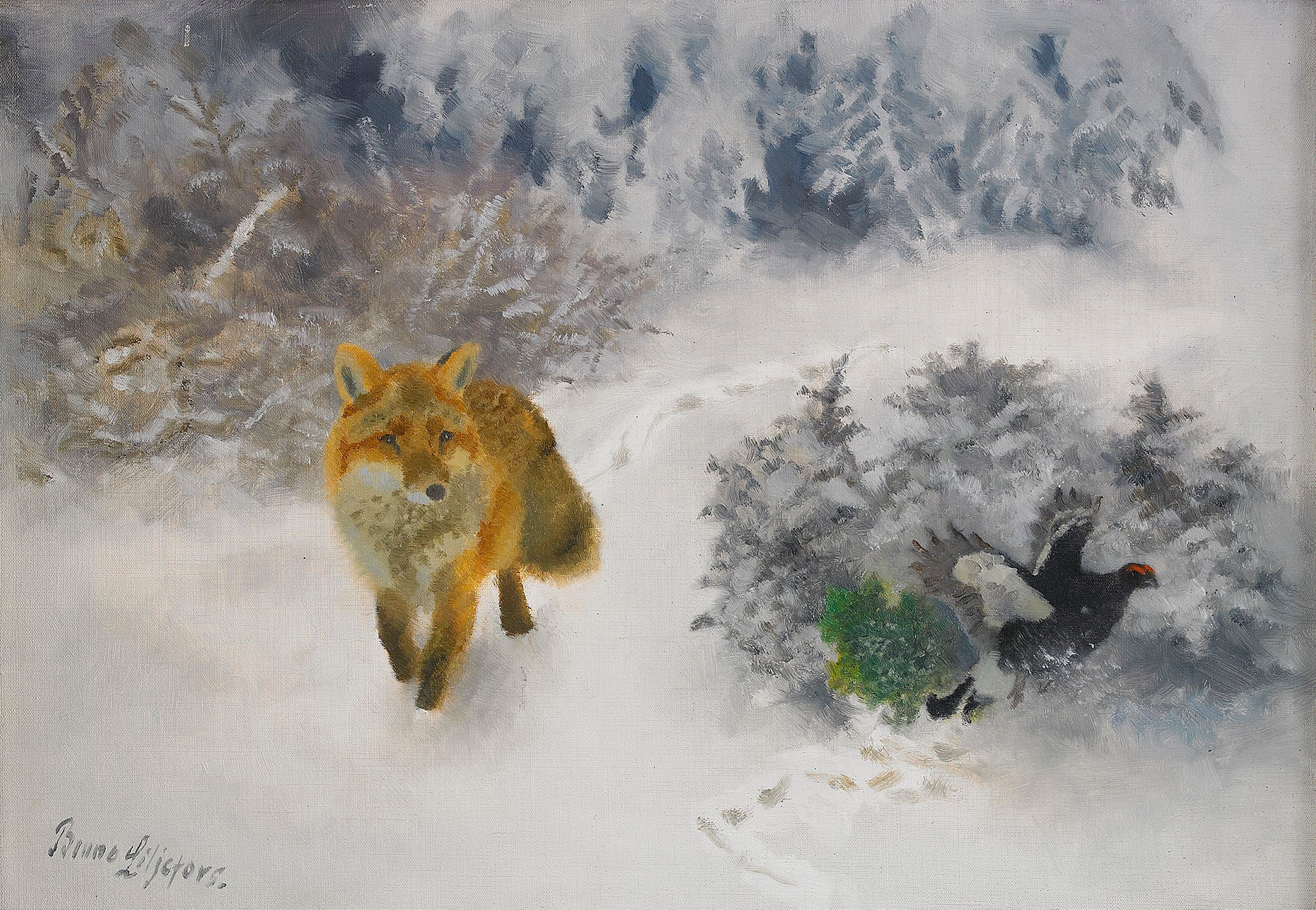 Renard et tétras lyre mâles dans un paysage hivernal - Bruno Liljefors