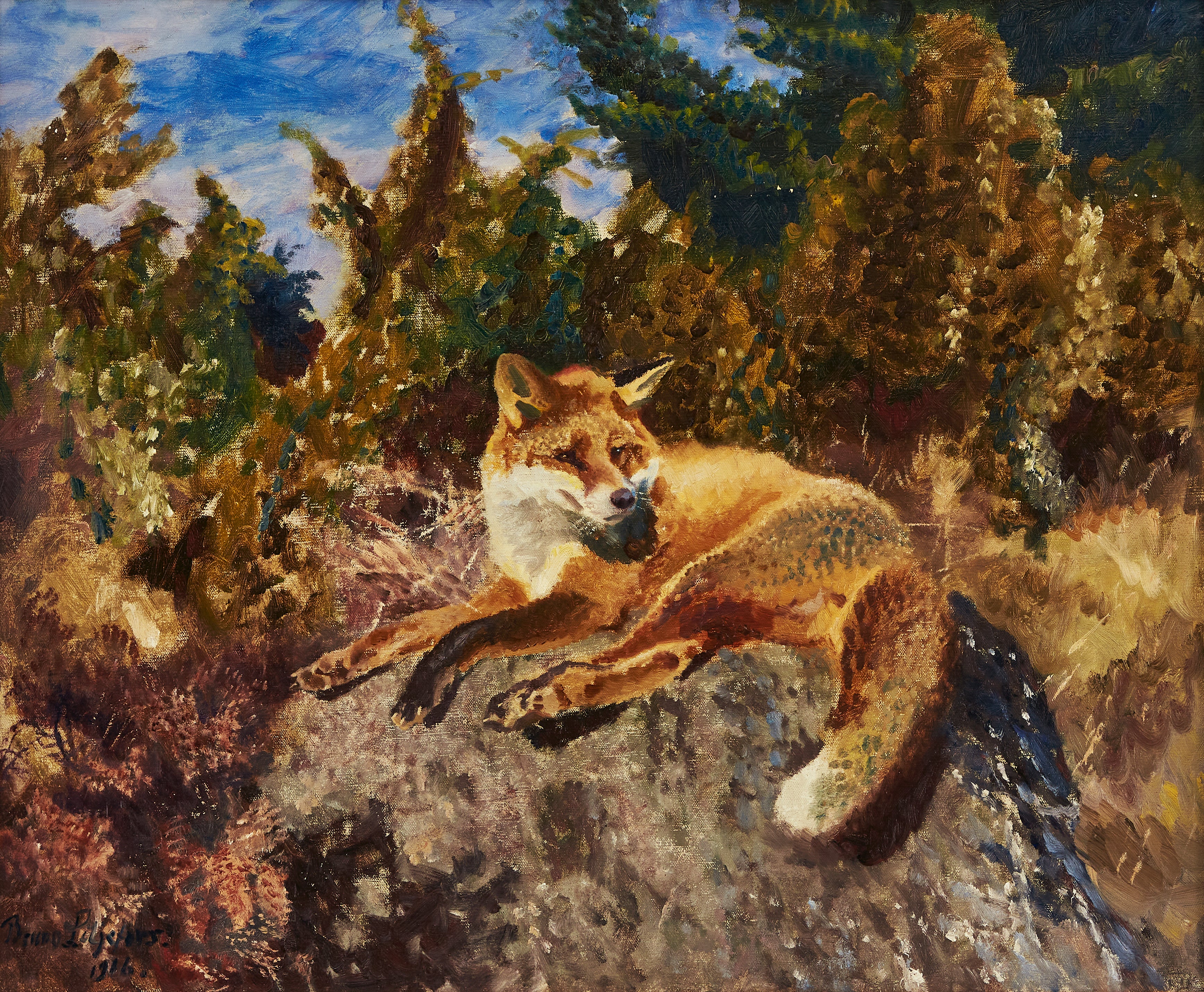 Renard se reposant dans un paysage forestier - Bruno Liljefors