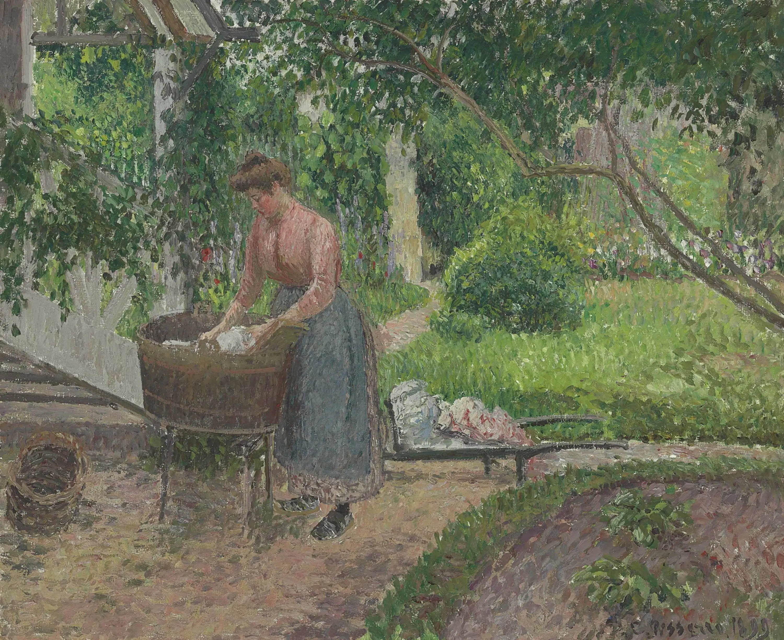 Reproduction du tableau « Femme lavant du linge dans le jardin, Éragny - Camille Pissarro » par Alpha Reproduction en peinture à l’huile
