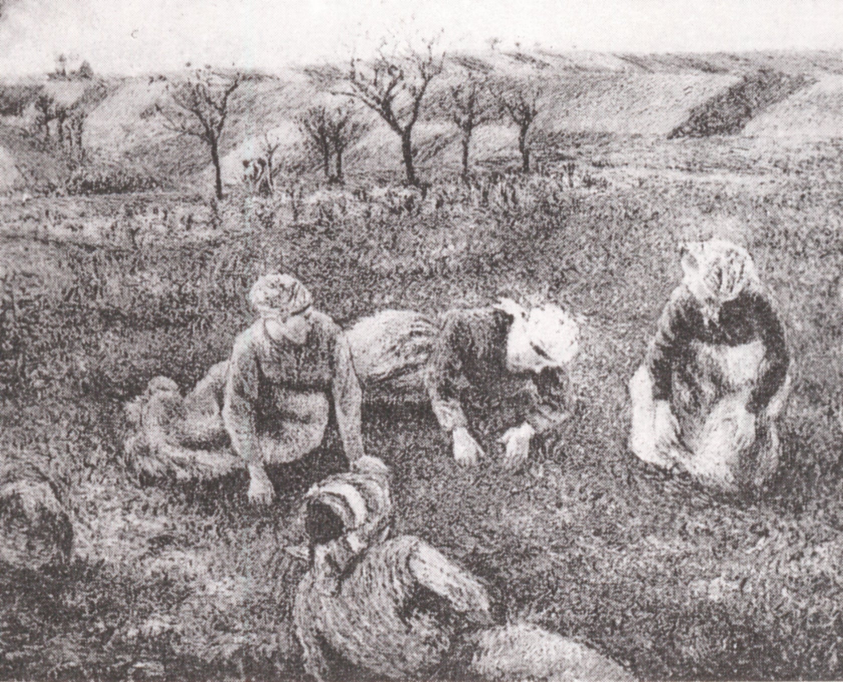 Reproduction du tableau « Paysanne désherbant, Pontoise - Camille Pissarro » par Alpha Reproduction en peinture à l’huile