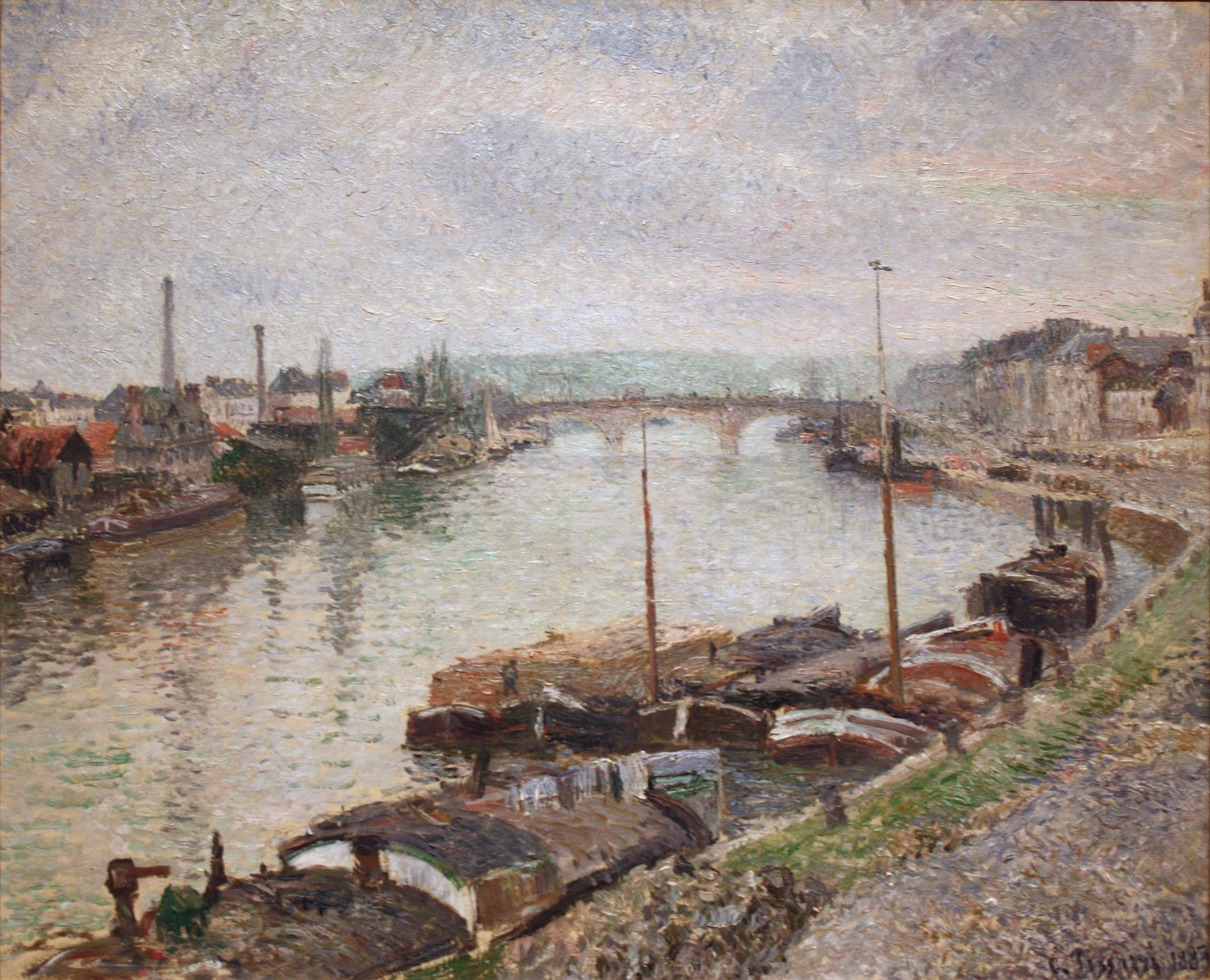 Reproduction du tableau « Le pont de pierre et les péniches à Rouen - Camille Pissarro » par Alpha Reproduction en peinture à l’huile