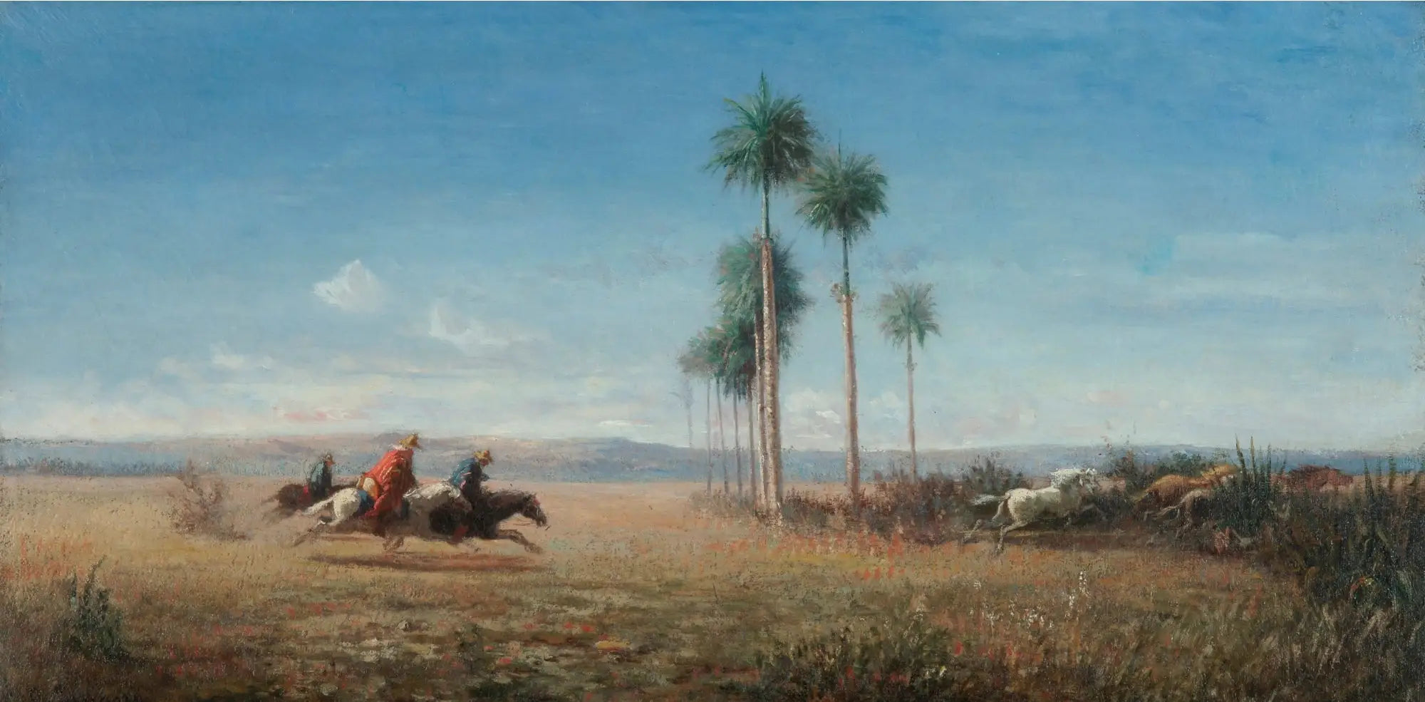 Reproduction du tableau « Trois cavaliers et chevaux galopant dans une plaine (Venezuela) - Camille Pissarro » par Alpha Reproduction en peinture à l’huile