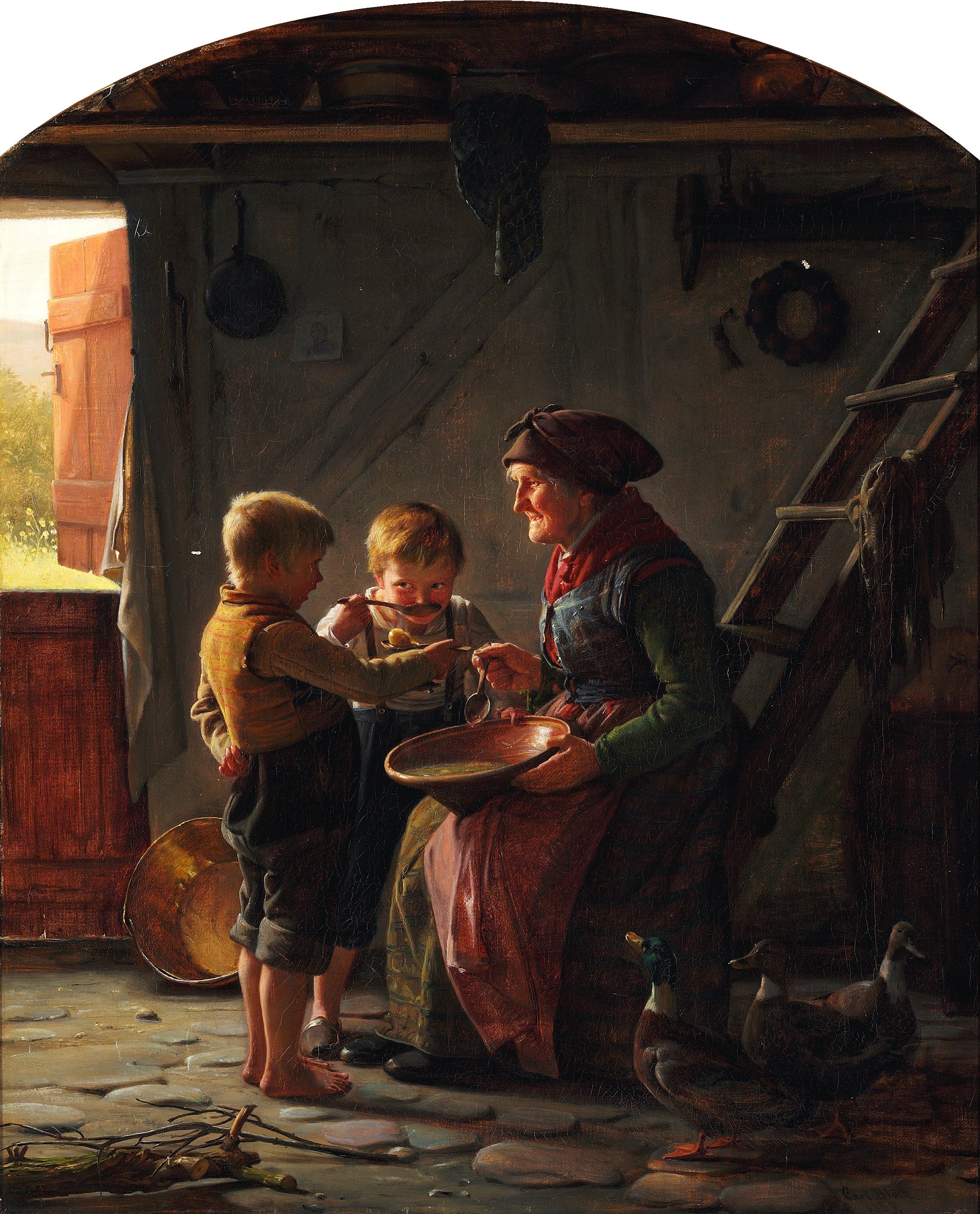 Un repas. Deux garçons et une grand-mère goûtent la soupe de pommes de terre. - Carl Heinrich Bloch