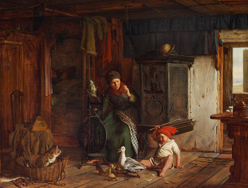 Scène dans une maison de pêcheur. Un garçon attaque un canard. Papa a besoin de dormir. - Carl Heinrich Bloch