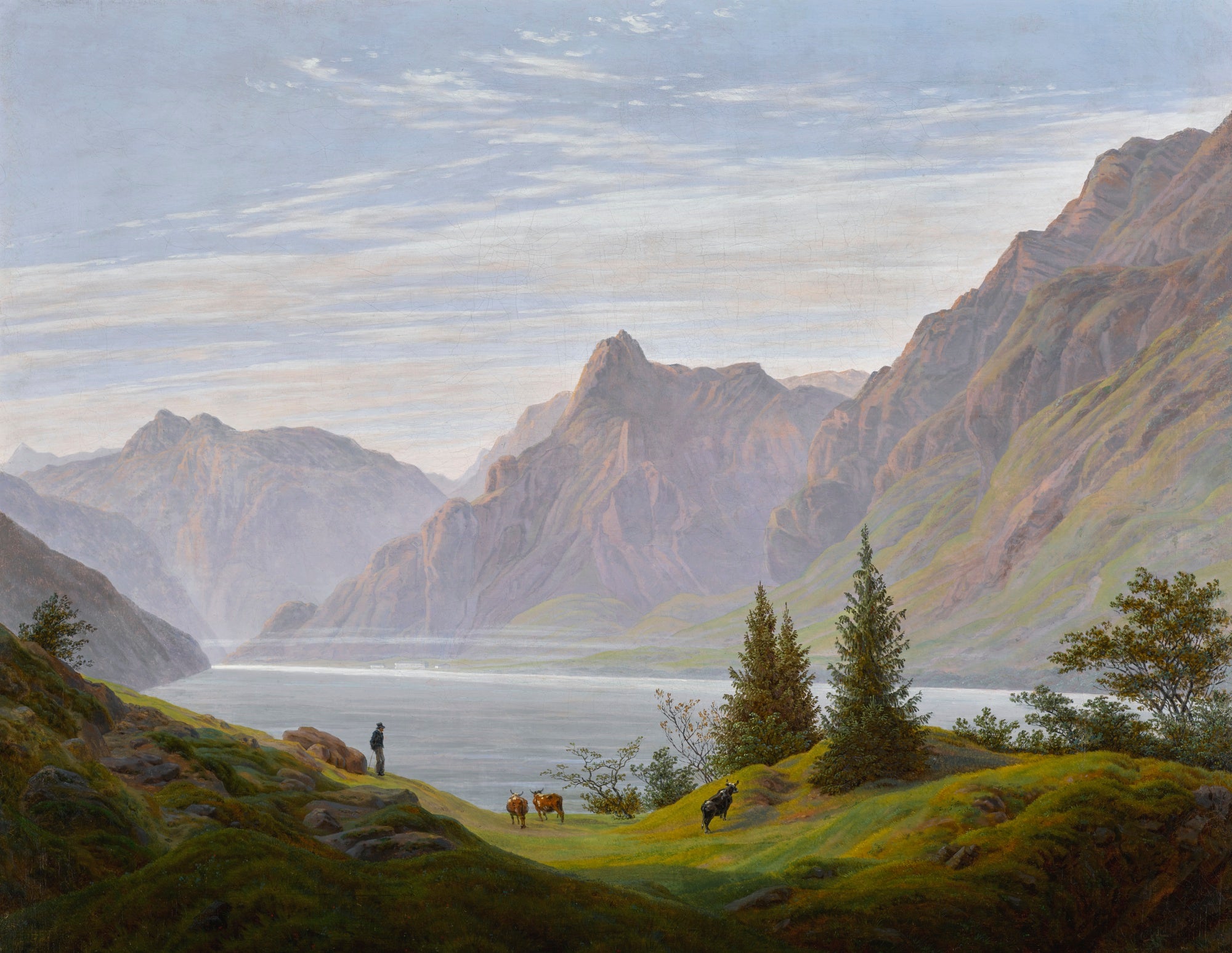Reproduction du tableau « Paysage au lac de montagne, matin - Caspar David Friedrich » par Alpha Reproduction en peinture à l’huile