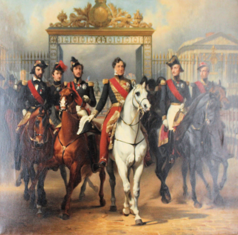 Le roi Louis-Philippe escorté de ses fils sortis à cheval par la grille dorée de la grande cour du palais de Versailles - Léon Perrault