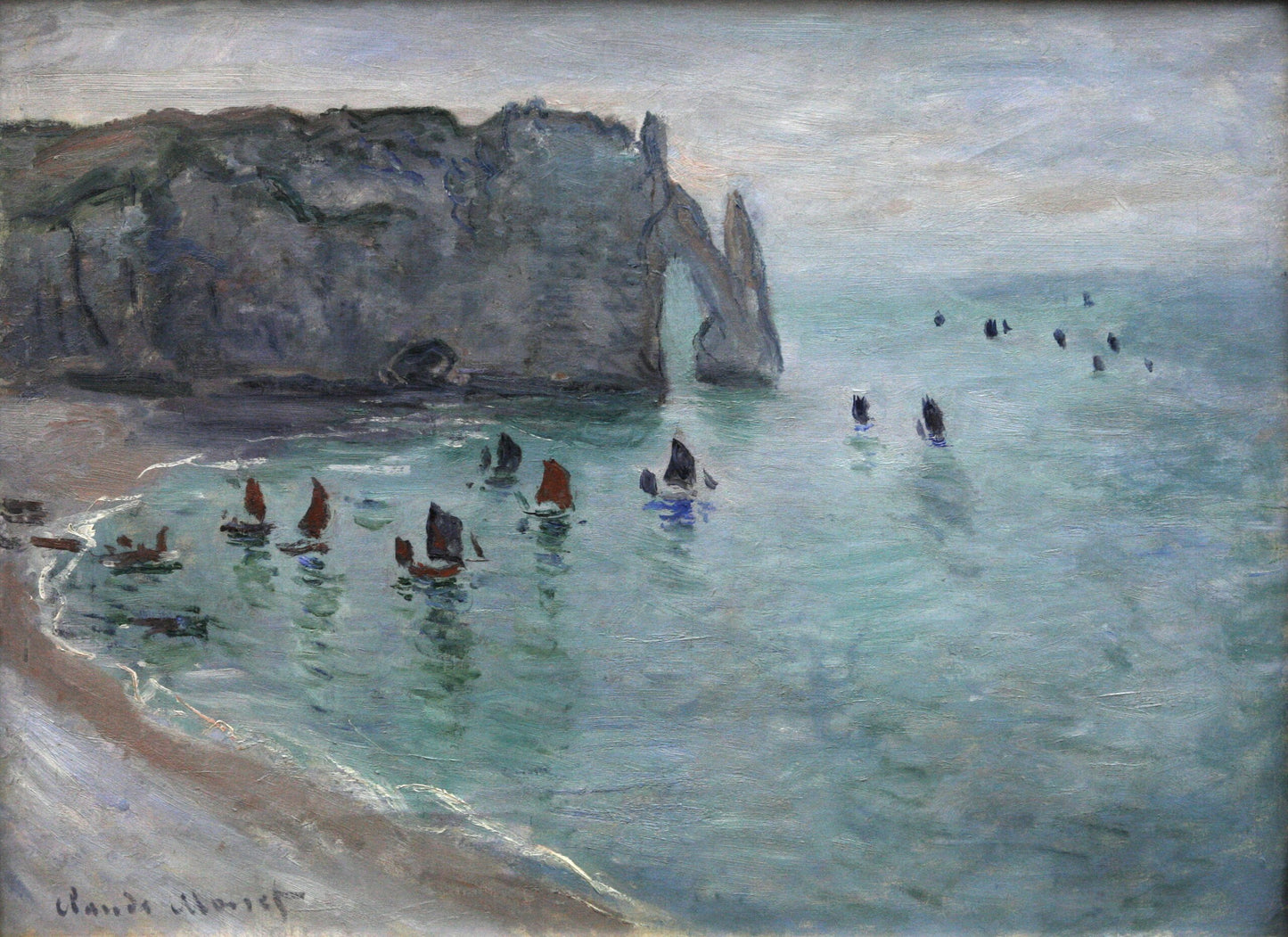 🖼️ Étretat, la Porte d’Aval – Bateaux de pêche quittant le port – Claude Monet (vers 1885)