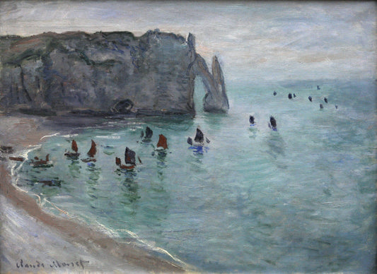 🖼️ Étretat, la Porte d’Aval – Bateaux de pêche quittant le port – Claude Monet (vers 1885)