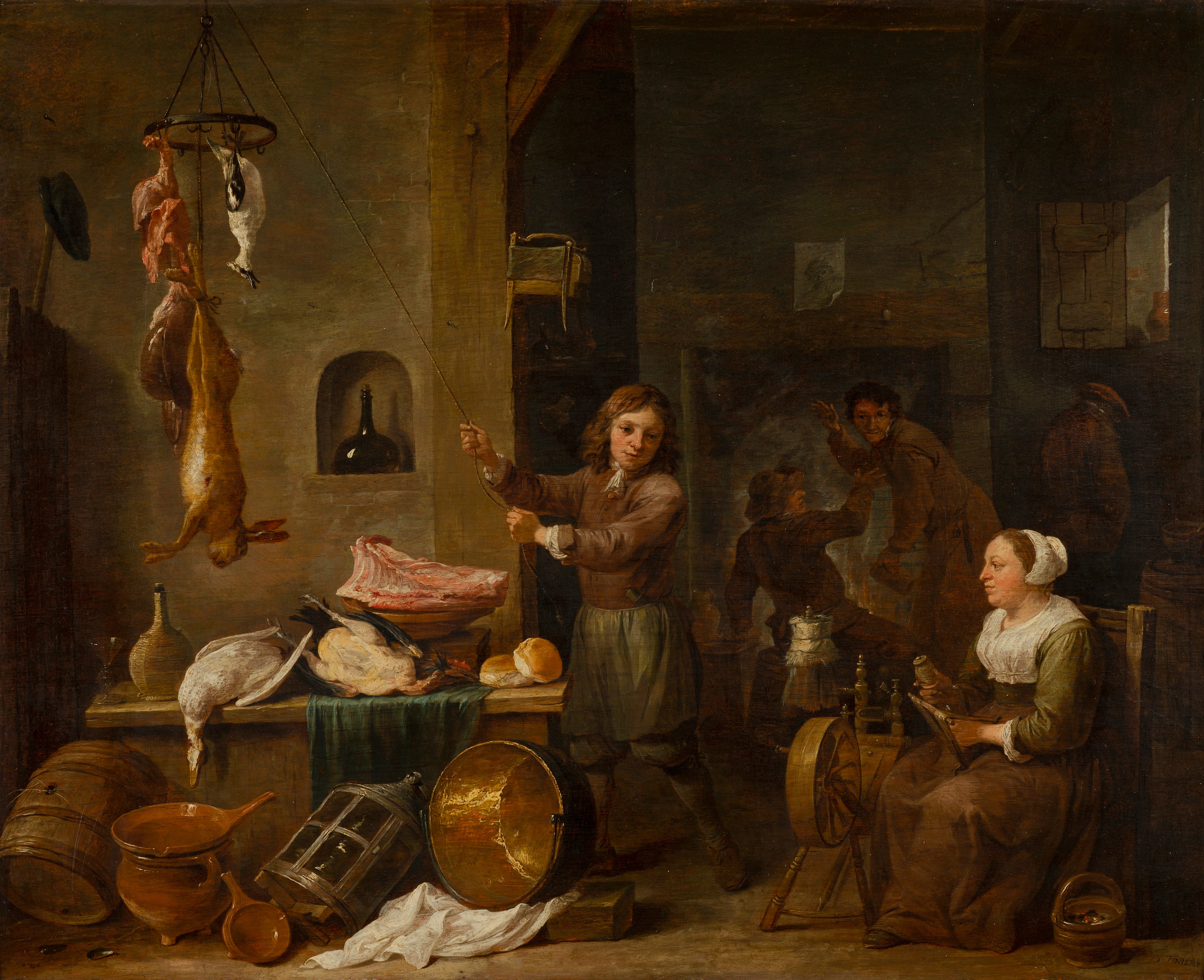 Intérieur de cuisine avec un garçon et une femme avec une table de jeu - David Teniers le Jeune