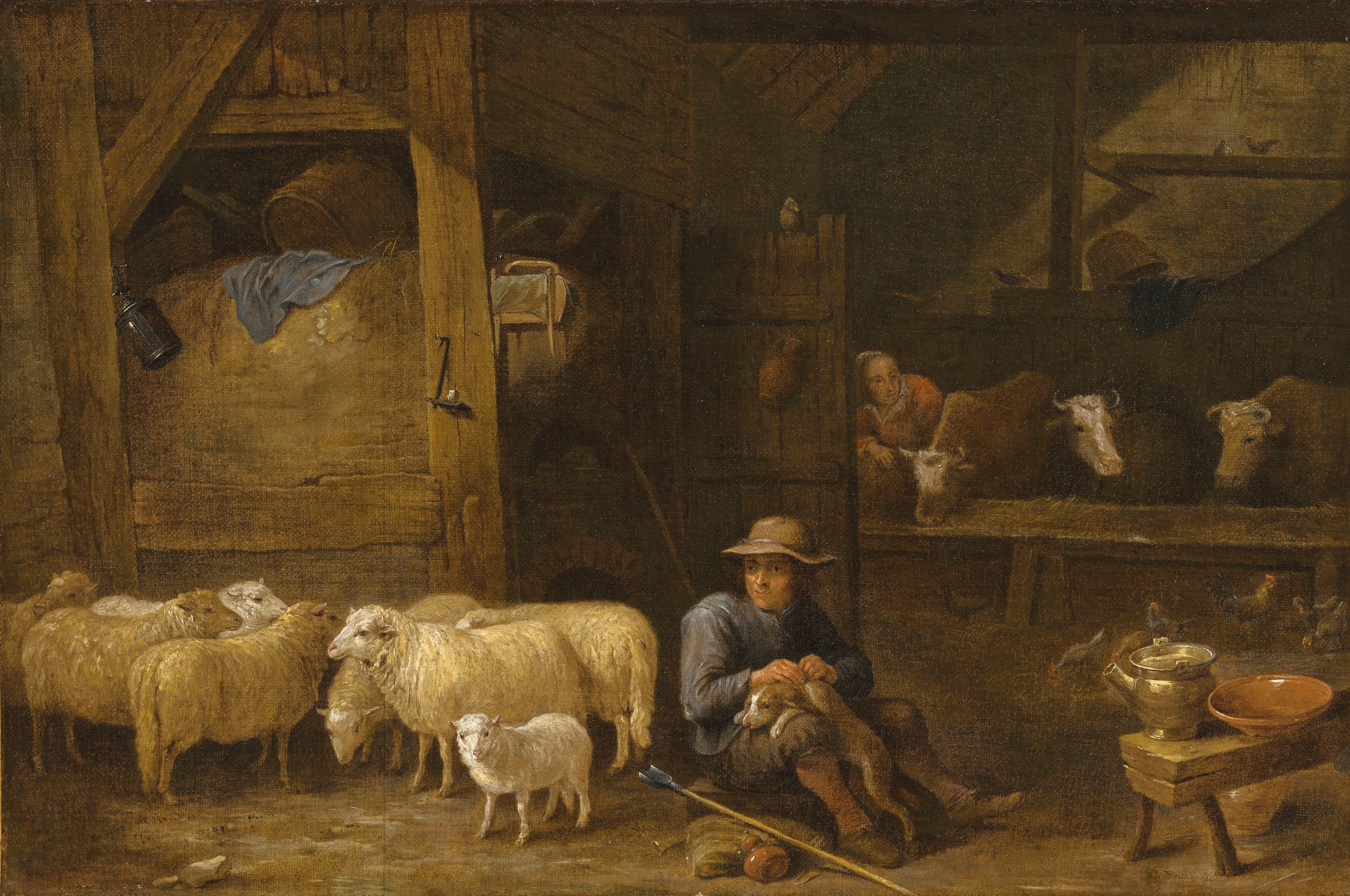 Intérieur d'une grange avec un berger et son troupeau - David Teniers le Jeune