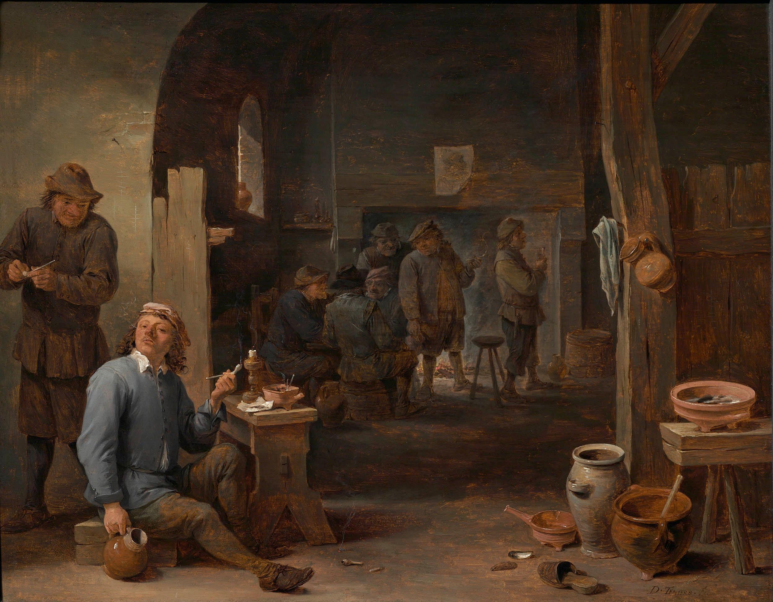 Scène de taverne avec un fumeur tenant un pot - David Teniers le Jeune