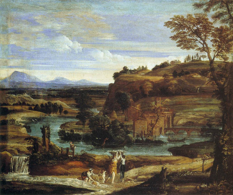 Paysage avec des laveuses de linge et un enfant renversant du vin - Domenichino