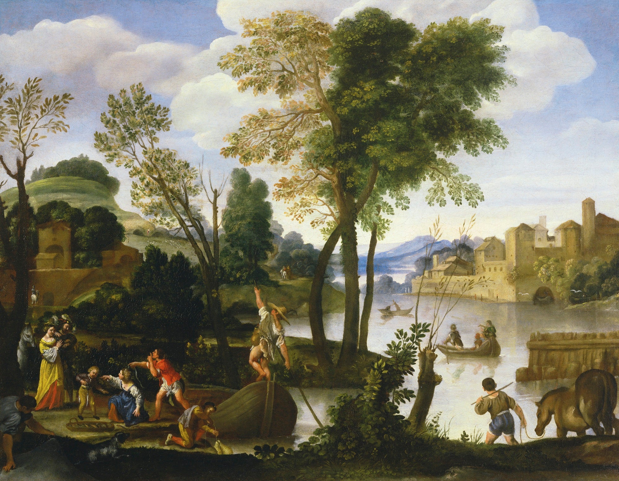 Paysage fluvial avec bateliers et pêcheurs, un couple élégant se promenant au bord de la rivière - Domenichino