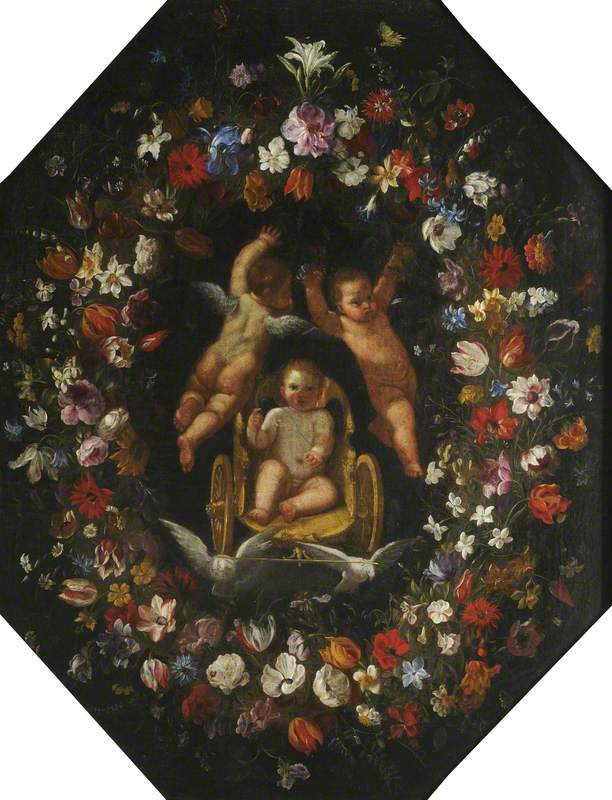 Cupidon dans un char, entouré d'une couronne de fleurs - Domenichino
