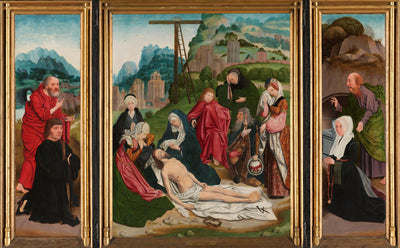 Triptyque avec la Lamentation (panneau central), le donateur avec saint Pierre (aile intérieure gauche), l’épouse du donateur avec saint Paul (aile intérieure droite) et les armoiries des donateurs (ailes extérieures) - Jan Mostaert