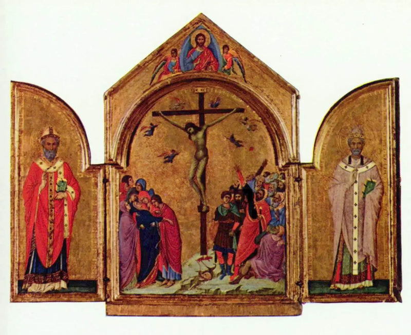 Triptyque : la Crucifixion ; le Rédempteur avec les anges ; saint Nicolas ; saint Grégoire - Duccio di Buoninsegna