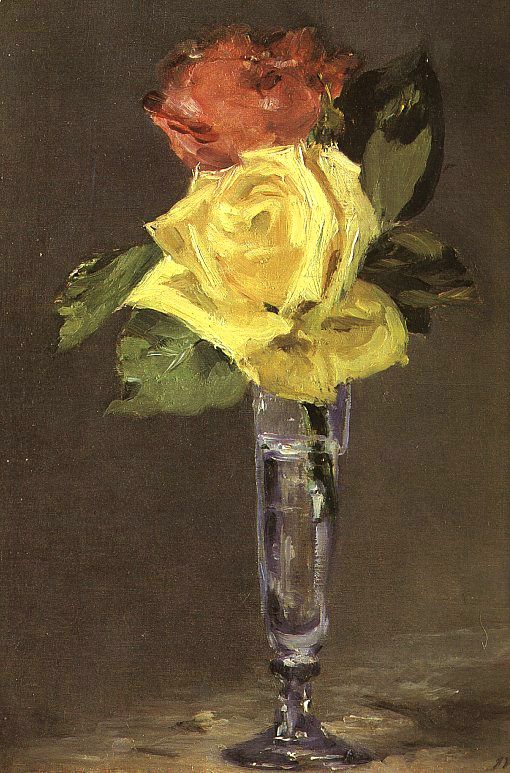 Reproduction du tableau « Roses dans un verre à champagne - Édouard Manet » par Alpha Reproduction en peinture à l’huile