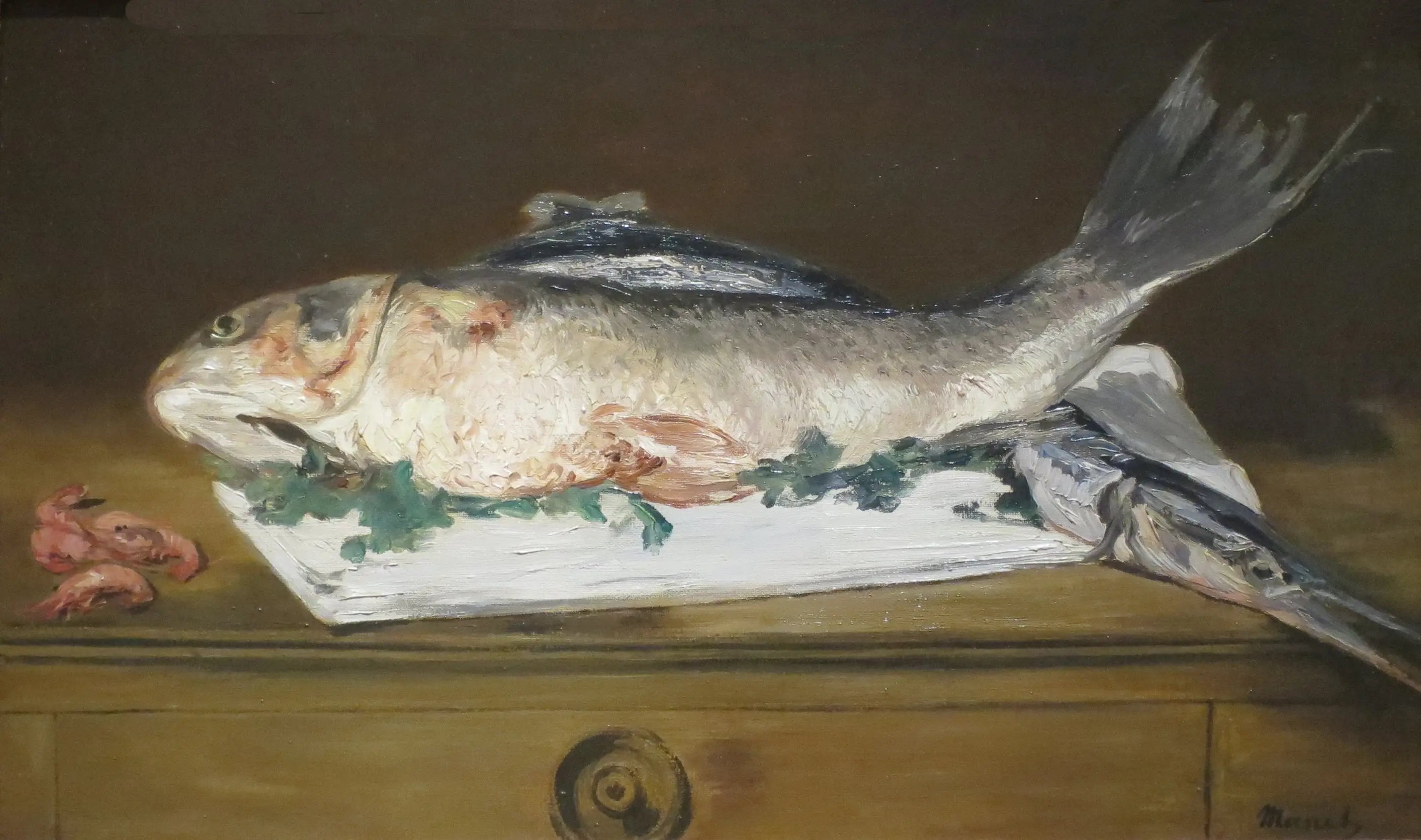 Reproduction du tableau « Saumon, brochet, crevettes - Édouard Manet » par Alpha Reproduction en peinture à l’huile