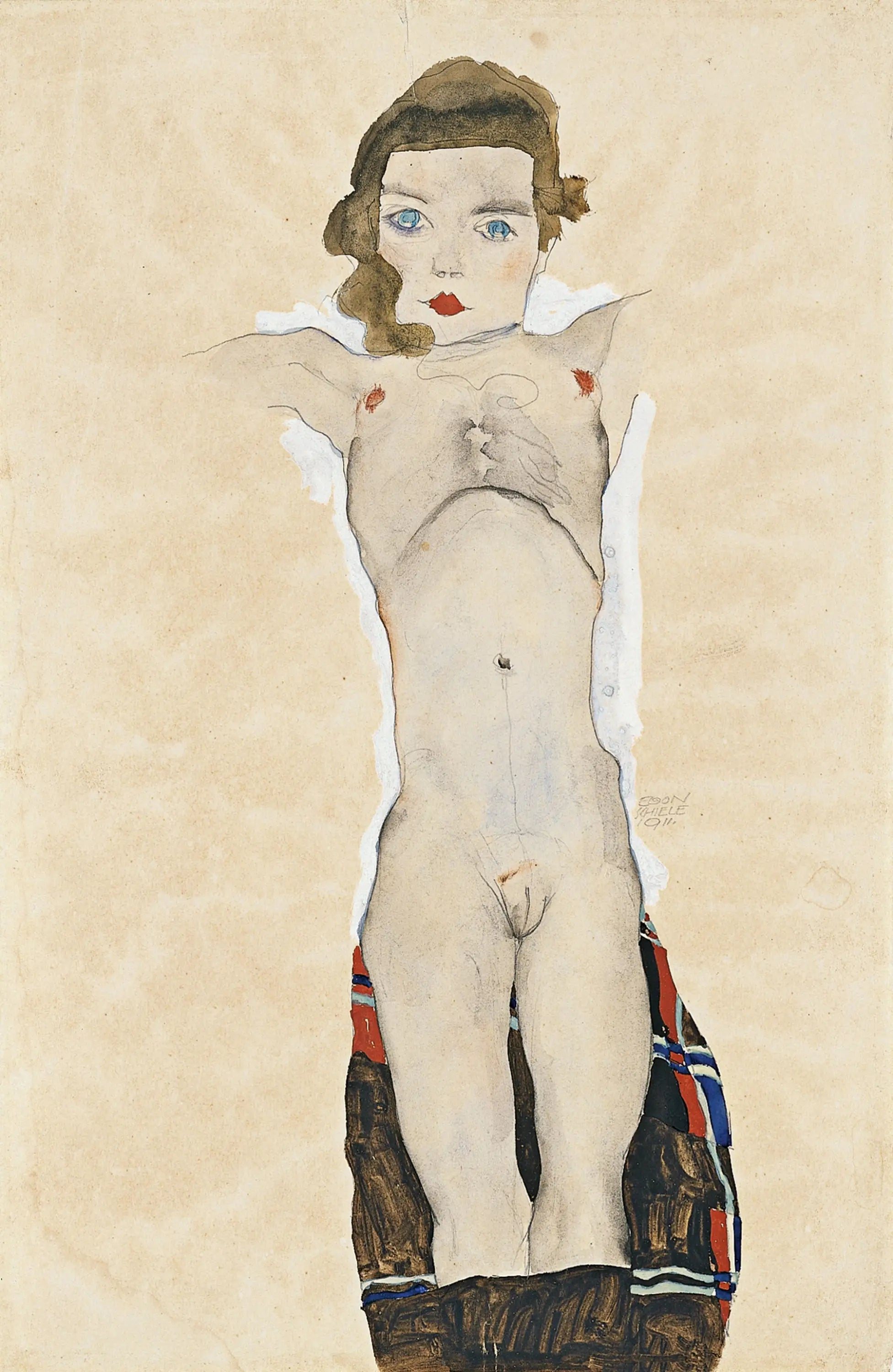 Reproduction du tableau « Fille nue avec les bras tendus - Egon Schiele » par Alpha Reproduction en peinture à l’huile