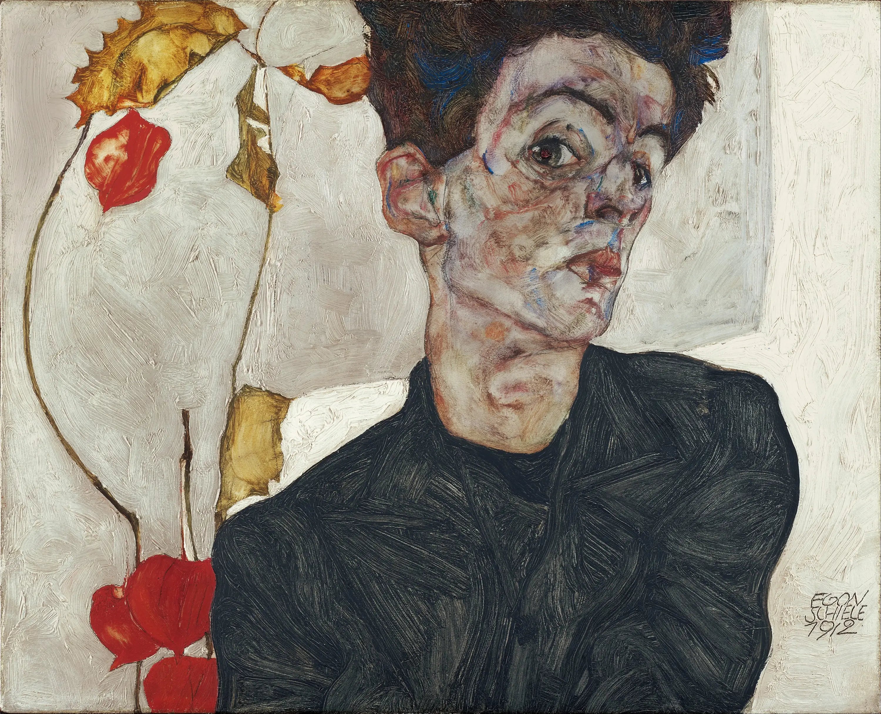 Reproduction du tableau « Autoportrait avec Physalis - Egon Schiele » par Alpha Reproduction en peinture à l’huile