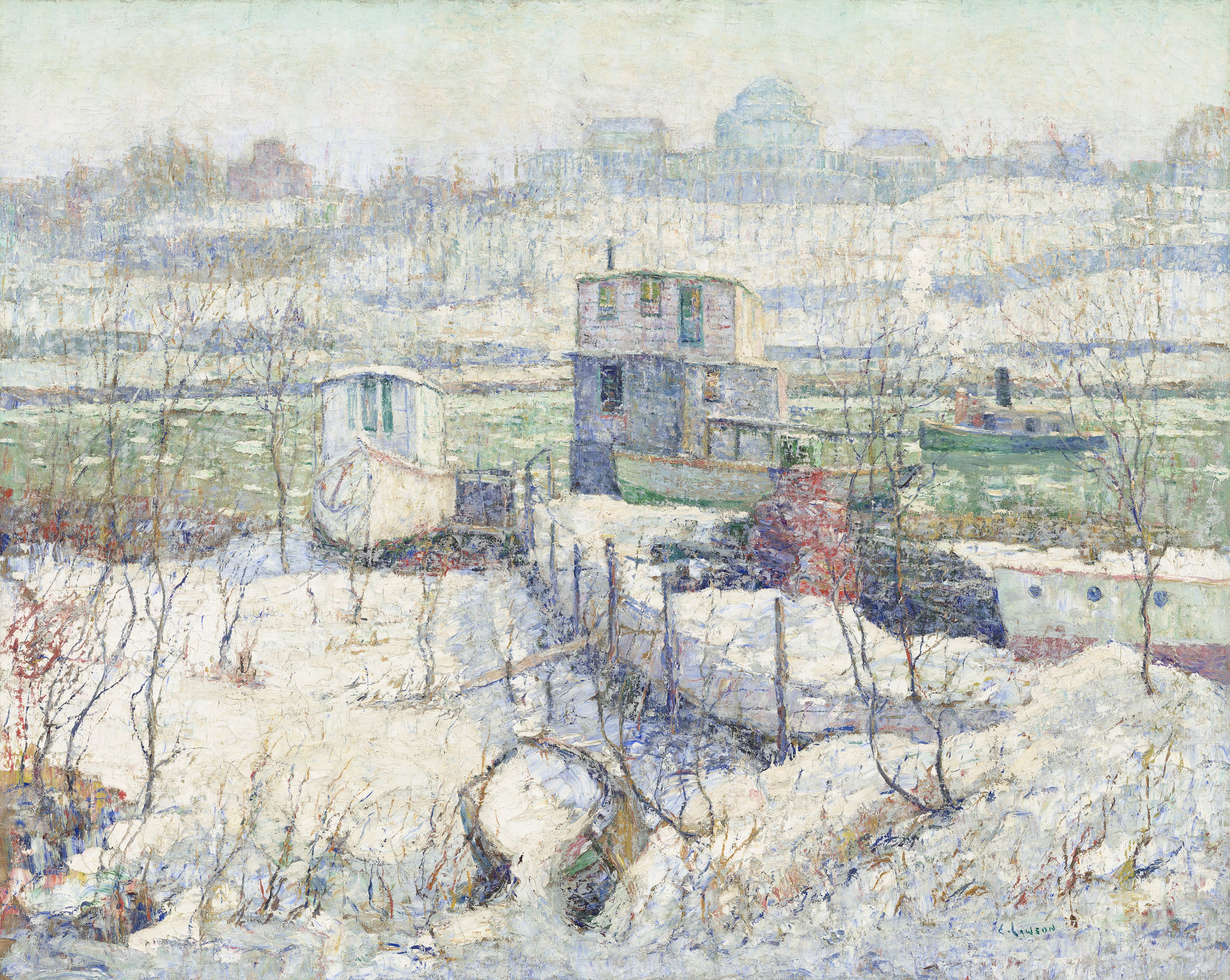 Hangar à bateaux, Hiver, Rivière Harlem - Ernest Lawson