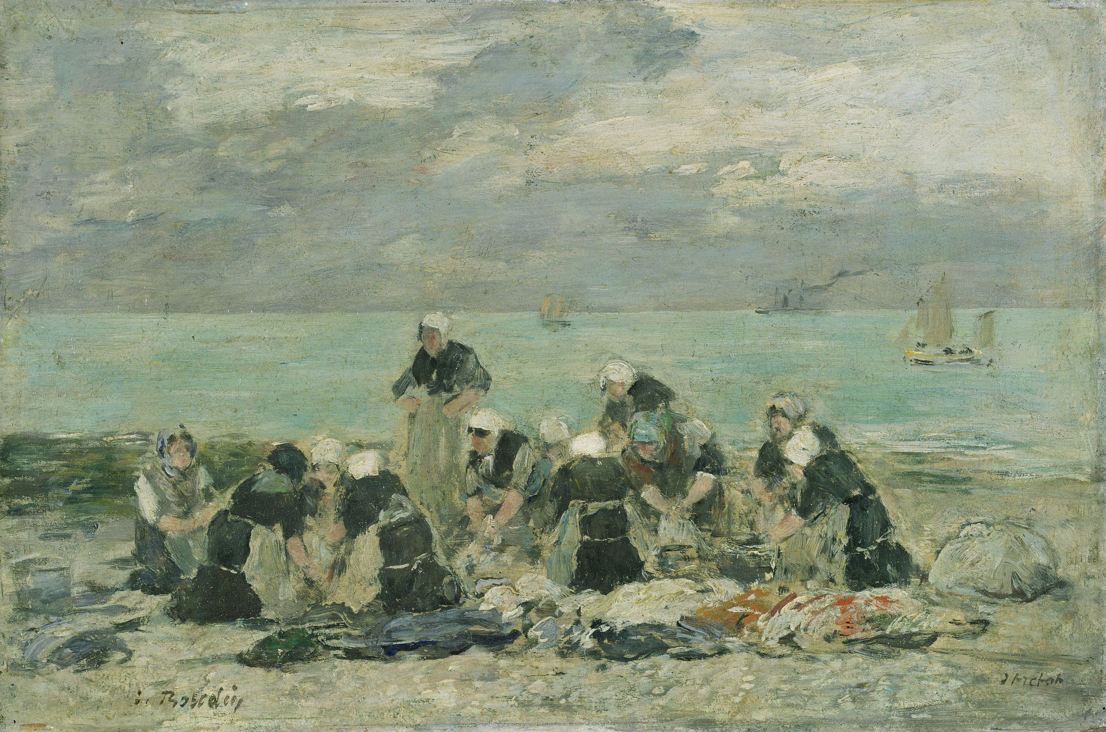 Reproduction du tableau « Femmes lavant le linge à Étretat - Eugène Boudin » par Alpha Reproduction en peinture à l’huile