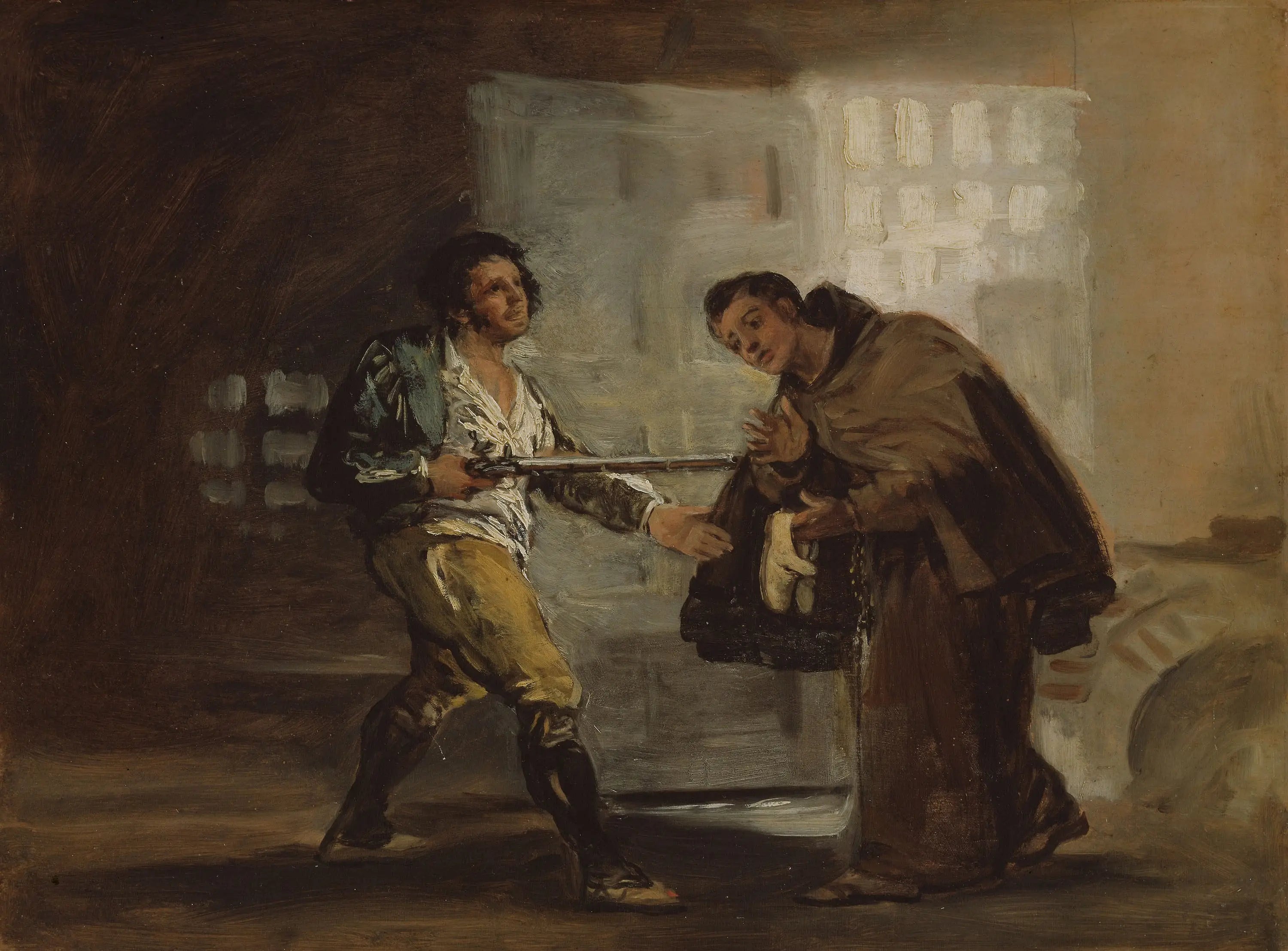 Reproduction du tableau « Frère Pedro offre des chaussures à El Maragato et se prépare à mettre de côté son arme - Francisco de Goya » par Alpha Reproduction en peinture à l’huile
