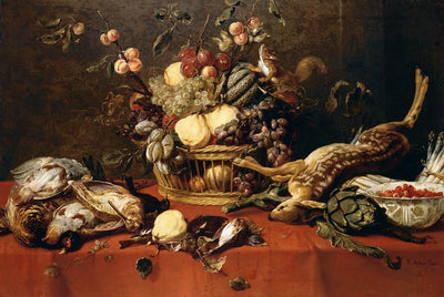 Nature morte de fruits dans un panier, avec du gibier, une coupe de fraises des bois, des artichauts, des asperges et un écureuil sur une table recouverte d'une nappe rouge. - Frans Snyders