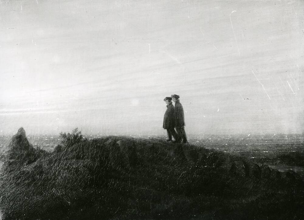 Reproduction du tableau « Deux randonneurs sur la plage - Caspar David Friedrich » par Alpha Reproduction en peinture à l’huile